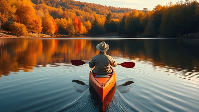Person kayaking on a calm autumn lake surrounded by colorful trees, viewed from behind, golden reflections on the water, peaceful nature scene with serene atmosphere.