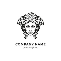 A striking black and white illustration of Medusa's head with intricate hair details and an intense gaze.