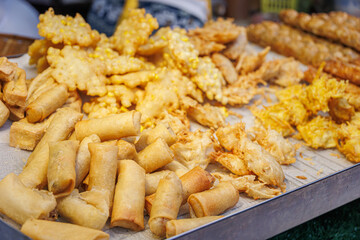 Spring rolls, Vegetarian Festival (J Festival) In Thailand at Yaowarat China town, Street food mix fried foods