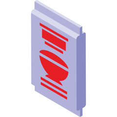 Isometric illustration of a light purple rectangular package with red horizontal stripes and a red oval shape on its front face against a transparent background