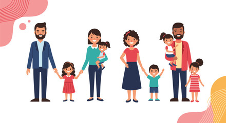 Obraz premium Diverse families with parents and children depicted in a cheerful, colorful illustration.