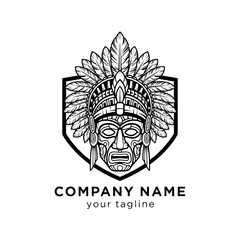 Native American chief head with feathers headdress in shield frame logo.