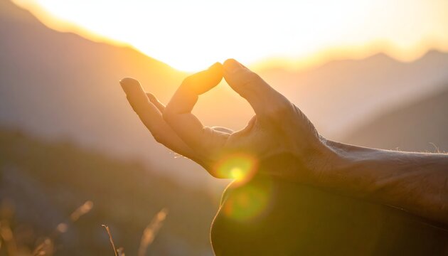 Hands performing a Loving Kindness Meditation (Mudra), focusing on the hands placed on the heart chakra. Gentle sunlight, shallow depth of field.