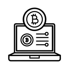 Bitcoin transaction on a laptop computer icon with black outline
