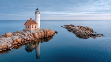 Coastal Lighthouse Standing Tall on a Rocky Islet Surrounded by Calm Blue Ocean Waters Under a Soft Cloudy Sky Reflected in the Still Surface