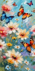 Fototapeta premium Vibrant painting of butterflies fluttering among colorful blooming flowers, capturing the essence of spring and nature. Perfect for decorative, marketing, and nature-inspired designs