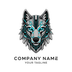 Cybernetic wolf head logo with circuit board patterns and glowing blue accents. © Mukhamad