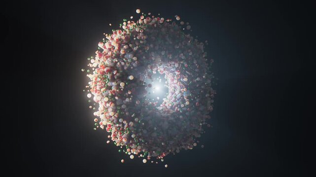 Cluster of multicolored spheres forming bright torus shape with glowing light emerging from center against dark background