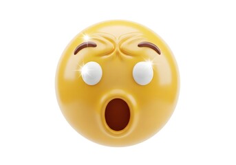 Fototapeta premium Close up of a bright yellow emoji face with wide open mouth and surprised expression on a white background
