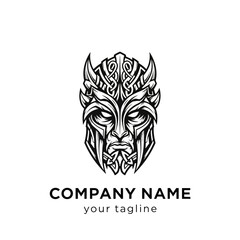 Fototapeta premium Black and white vector logo of a fierce Viking warrior head with an ornate horned helmet and Celtic knot details.