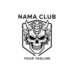 Black and white horned skull emblem with text 'NAMA CLUB' and 'YOUR TAGLINE' in a shield design, suitable for gaming, sports, or club logos.