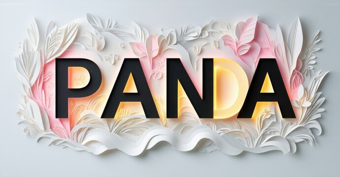 Papercraft lettering spells PANA. Floral elements surround text, creating delicate, artistic composition. Soft pinks, whites dominate design.