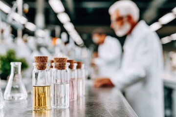 In a bustling biotechnology lab, scientists in white coats are conducting experiments among rows of glass containers filled with various solutions. The atmosphere is vibrant with activity