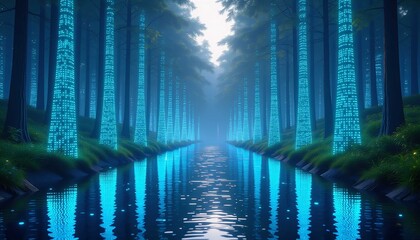 Vibrant water reflects luminous trees, surreal landscape, captivating modern composition