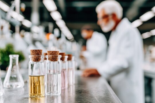 In a bustling biotechnology lab, scientists in white coats are conducting experiments among rows of glass containers filled with various solutions. The atmosphere is vibrant with activity - Powered by Adobe