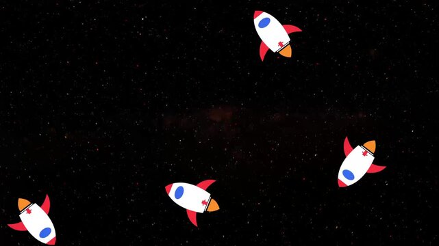 Launching rocket icon set . Project start up and development process . Flat design of a space rocket Rocket in the background .