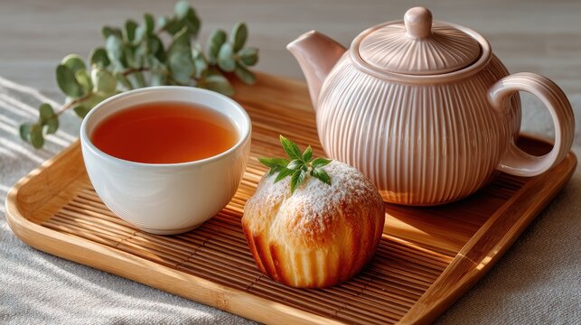Flat lay of a pale pink teapot and white teacup filled with amber tea beside a pastry dusted with powdered sugar and a sprig of greenery on a wooden tray with soft morning light casting shadows - Powered by Adobe