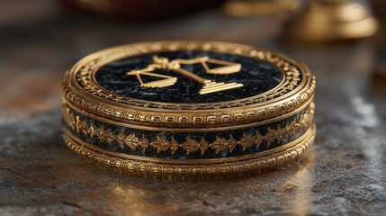 Elegant golden scale of justice emblem on a luxurious decorative box, symbolizing law, order, and legal representation