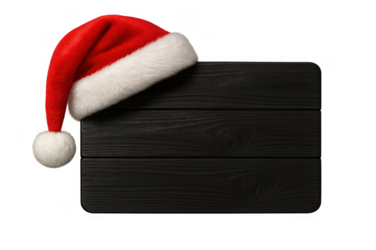 Santa hat resting on a blank black wooden board, providing holiday concept and festive greeting copy space. Transparent background
