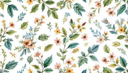 Vibrant watercolor floral pattern with delicate blossoms and lush green foliage, perfect for creating an elegant and natural aesthetic in designs.