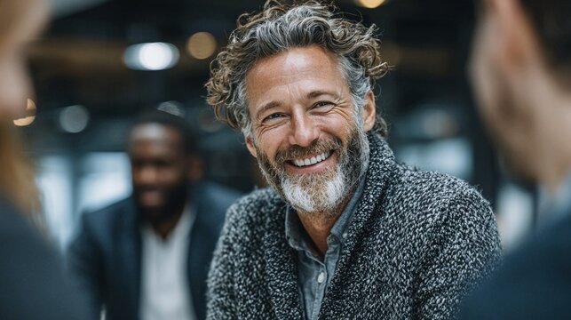 Smiling mature man with gray hair and beard radiates confidence, happiness, success, and leadership in a professional meeting environment