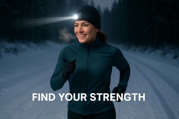 Woman jogging with headlamp on snowy forest trail at night, smiling with visible breath in cold air, motivational phrase "Find Your Strength". Ai generative
