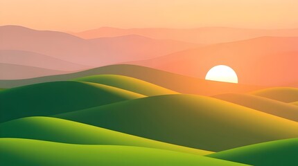 Minimalist Sunrise Landscape with Rolling Green Hills and Bright Circular Sun, Stylized Digital Illustration Featuring Warm Yellow Sky and Abstract Tree Silhouettes in Vibrant Contrasting Colors.