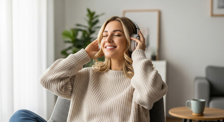 Happy woman enjoying music with headphones, relaxing at home in her favorite chair