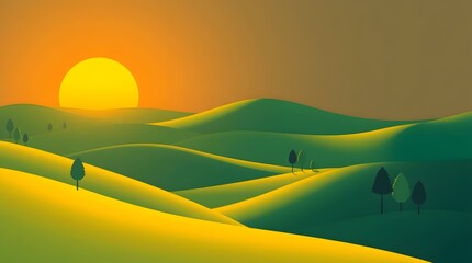 Minimalist Sunrise Landscape with Rolling Green Hills and Bright Circular Sun, Stylized Digital Illustration Featuring Warm Yellow Sky and Abstract Tree Silhouettes in Vibrant Contrasting Colors.