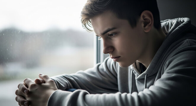 A poignant moment of quiet contemplation for a sad young man, gazing wistfully out a window, reflecting on personal struggles and emotional depth