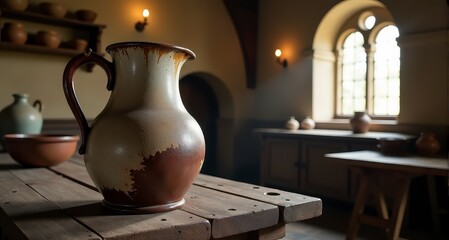Antique pottery and jugs displayed on a wooden surface in a rustic, warmly lit room with arched windows.