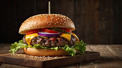 Classic Burger on Wooden Table