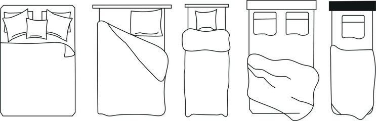 Collection of hand drawn line art illustrations of beds with rumpled blankets and pillows in a minimalist style