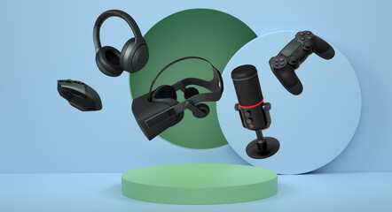 Gaming mouse, headphones, VR headset, microphone, and controller floating above pedestal or podium on abstract background