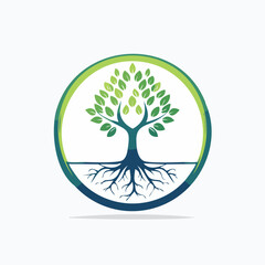 Obraz premium Vibrant Tree of Life Logo with Roots and Leaves in a Circular Frame.