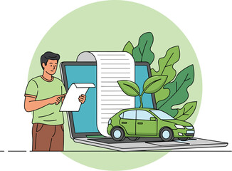 Man Reviews Eco-Friendly Vehicle Purchase Online Using Laptop in Modern Home Office, Analyzing Digital Contract for Electric Car Loan, Promoting Sustainable Auto Finance with Green Energy Savings, Ill