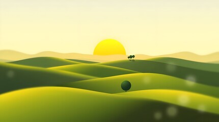 Minimalist Sunrise Landscape with Rolling Green Hills and Bright Circular Sun, Stylized Digital Illustration Featuring Warm Yellow Sky and Abstract Tree Silhouettes in Vibrant Contrasting Colors.