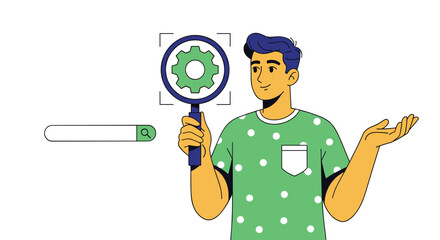Enthusiastic Young Man Optimizing Search Engine Marketing for Business Growth, Using Magnifying Glass on Website Settings in Digital Technology Landscape, Presentation Ready, Marketing, Modern Design,
