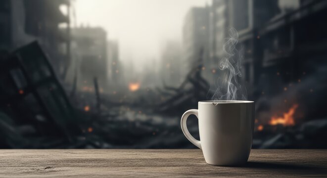 Steaming coffee mug amidst urban desolation and smoke in a post-apocalyptic landscape