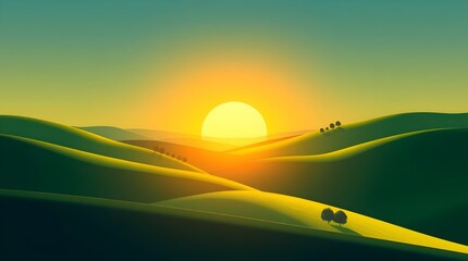 Minimalist Sunrise Landscape with Rolling Green Hills and Bright Circular Sun, Stylized Digital Illustration Featuring Warm Yellow Sky and Abstract Tree Silhouettes in Vibrant Contrasting Colors.