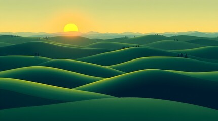 Minimalist Sunrise Landscape with Rolling Green Hills and Bright Circular Sun, Stylized Digital Illustration Featuring Warm Yellow Sky and Abstract Tree Silhouettes in Vibrant Contrasting Colors.
