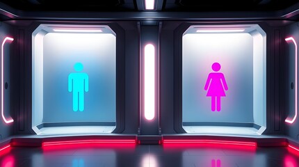 Male and Female Restroom Vector Symbols with Blue and Pink Silhouettes on Bright Bokeh Background, Public Facility Gender Icons for Washrooms, Entrances, and Changing Rooms.