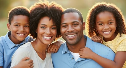 African American Family Smiling Brightly on Picturesque Landscape Joyful Portrait Representing Unity and Happiness, Perfect for Brand Campaigns and Marketing Materials.