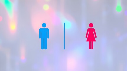 Male and Female Restroom Vector Symbols with Blue and Pink Silhouettes on Bright Bokeh Background, Public Facility Gender Icons for Washrooms, Entrances, and Changing Rooms.