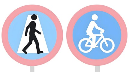 Set of Two Circular Pedestrian and Cyclist Vector Icons with Red Borders, Blue Walking Figure and Black Bicyclist Silhouette, Flat Design Public Safety Road Signs.