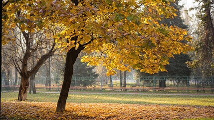 breeze. Vibrant autumn park scene with colorful foliage and falling leaves, illuminated by warm golden sunlight. representing seasonal cycles and harvest abundance.