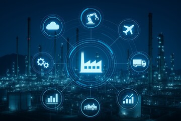 Smart manufacturing icons connected around a digital factory hologram with futuristic interface over industrial plant background at night. Ai generative. Ai generative