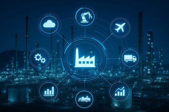Smart manufacturing icons connected around a digital factory hologram with futuristic interface over industrial plant background at night. Ai generative. Ai generative