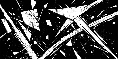 Dynamic black and white abstract background with geometric shapes and broken glass effect