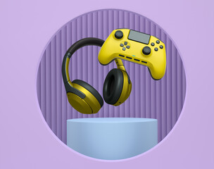 Wireless gaming controller and headphones displayed over podium on abstract background, concept of modern gaming technology